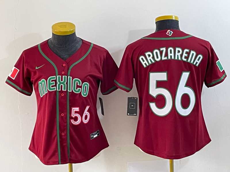 Women%27s Mexico Baseball #56 Randy Arozarena Number 2023 Red World Classic Stitched Jersey 2